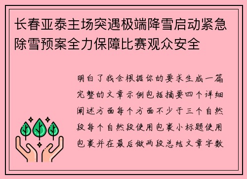 长春亚泰主场突遇极端降雪启动紧急除雪预案全力保障比赛观众安全 长春亚泰主场突遇极端降雪启动紧急除雪预案全力保障比赛观众安全