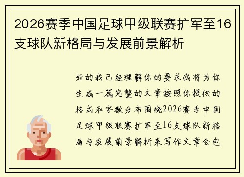 2026赛季中国足球甲级联赛扩军至16支球队新格局与发展前景解析