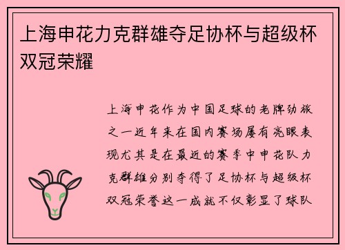 上海申花力克群雄夺足协杯与超级杯双冠荣耀